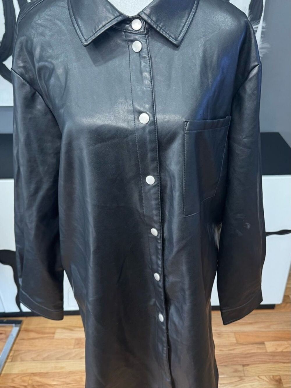 Bagatelle Black Faux Leather Coat Womens XL Snap Front Long Jacket EUC